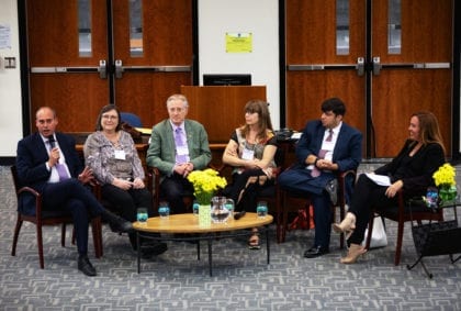 From the left to the right: Guy Caron, Evelyn Forget, Art Eggleton, Sheila Regehr, Ian Schlakman and Laura Babcock.