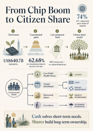 Infographic titled From Chip Boom to Citizen Share, showing a two-ledger sovereign wealth fund model with protected core shares and annual cash-or-reinvest distributions.
